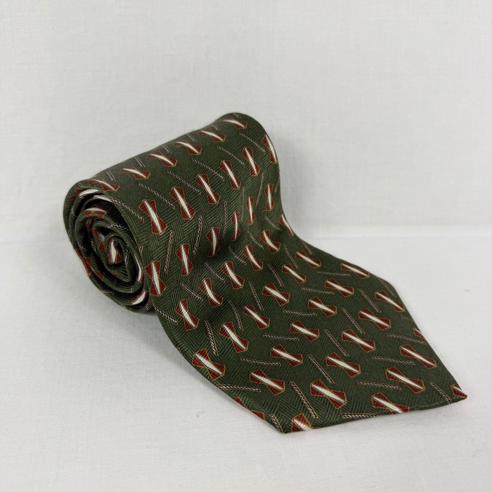 Bill Blass Neo Tie Mens Olive Green Rust Geometric 100% Silk Retro Dress Necktie